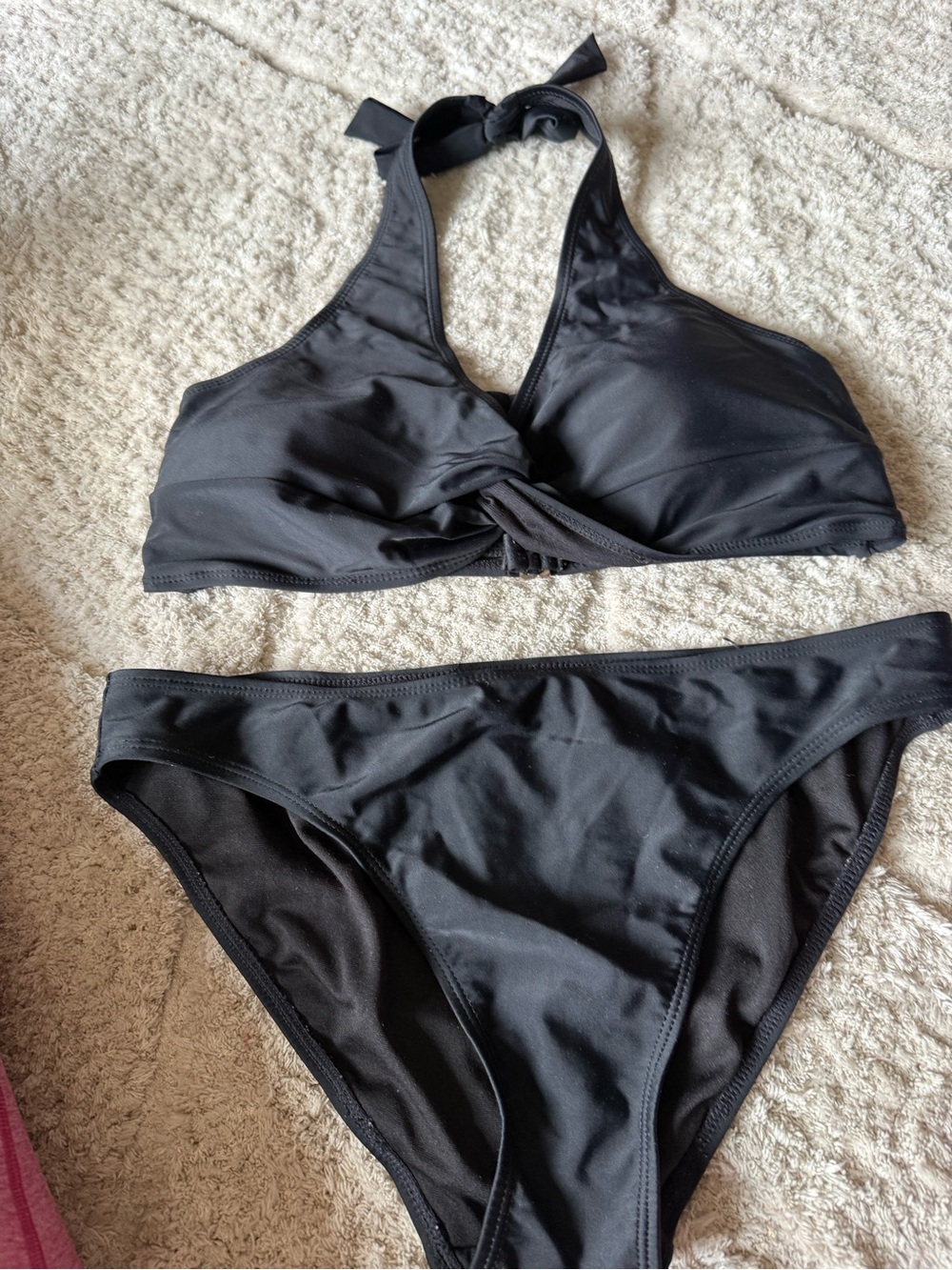 Black Women's Two-Piece Halter Bikini Top and high waisted bottoms